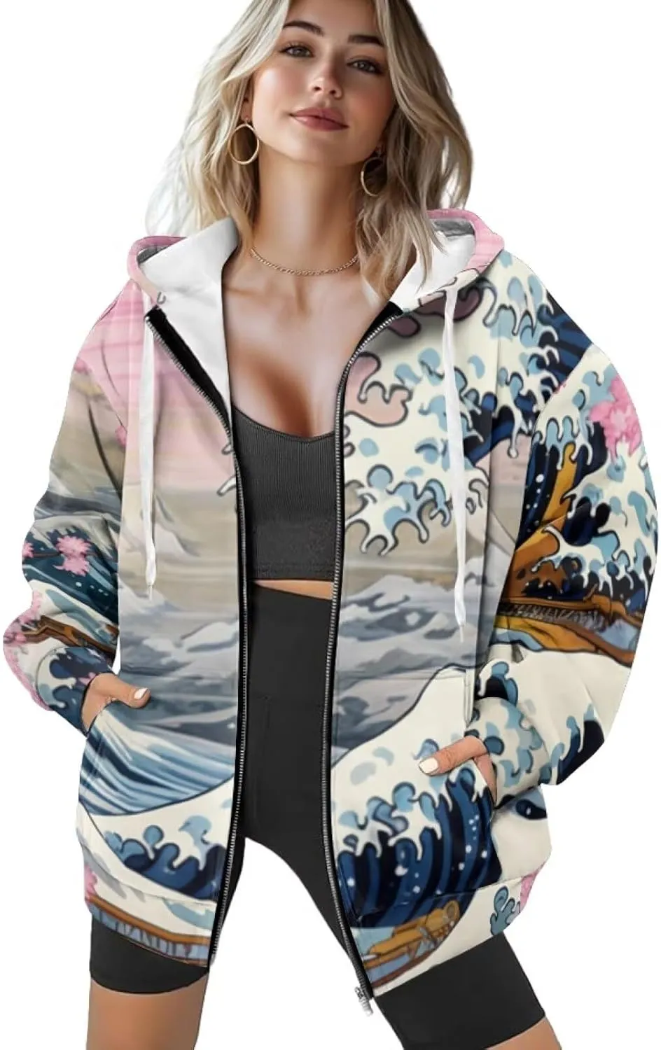 Starry Night Painting Women Full Zip-Up Hoodies 3D Print Graphic Sweatshirts Cool Novelty Hooded Hoodie