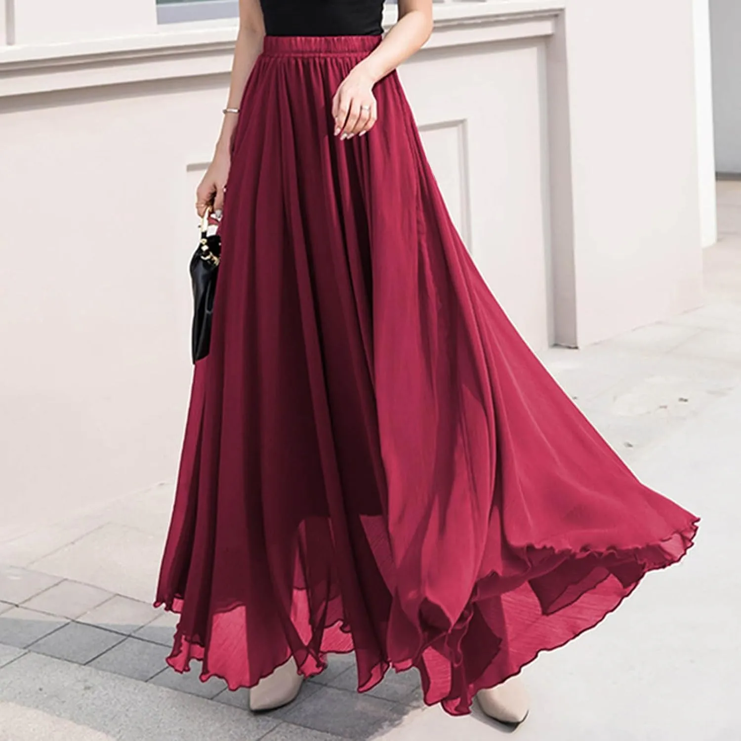 Summer Skirts for Women Vacation Elastic High Waisted Layer Flowy Beach Long Skirt Casual Solid Pleated Maxi Skirt