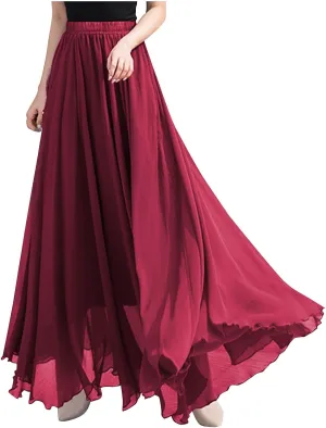 Summer Skirts for Women Vacation Elastic High Waisted Layer Flowy Beach Long Skirt Casual Solid Pleated Maxi Skirt