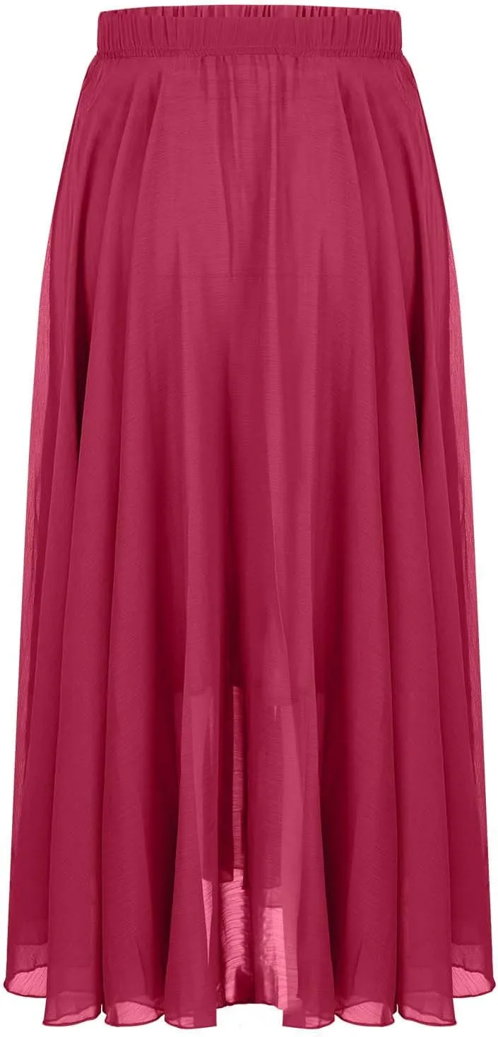 Summer Skirts for Women Vacation Elastic High Waisted Layer Flowy Beach Long Skirt Casual Solid Pleated Maxi Skirt