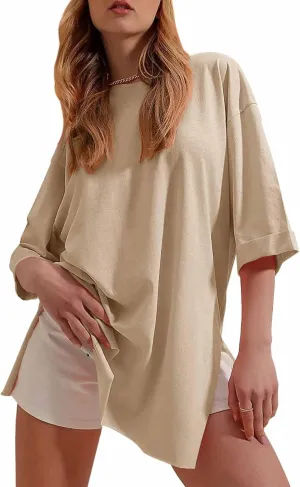 Tankaneo Womens Half Sleeve Oversized Tunic Tops Summer Basic Casual Loose Fit Crew Neck T-Shirt