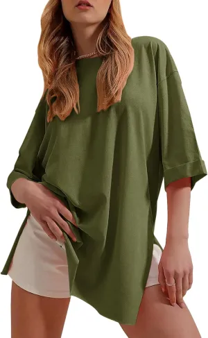 Tankaneo Womens Half Sleeve Oversized Tunic Tops Summer Basic Casual Loose Fit Crew Neck T-Shirt