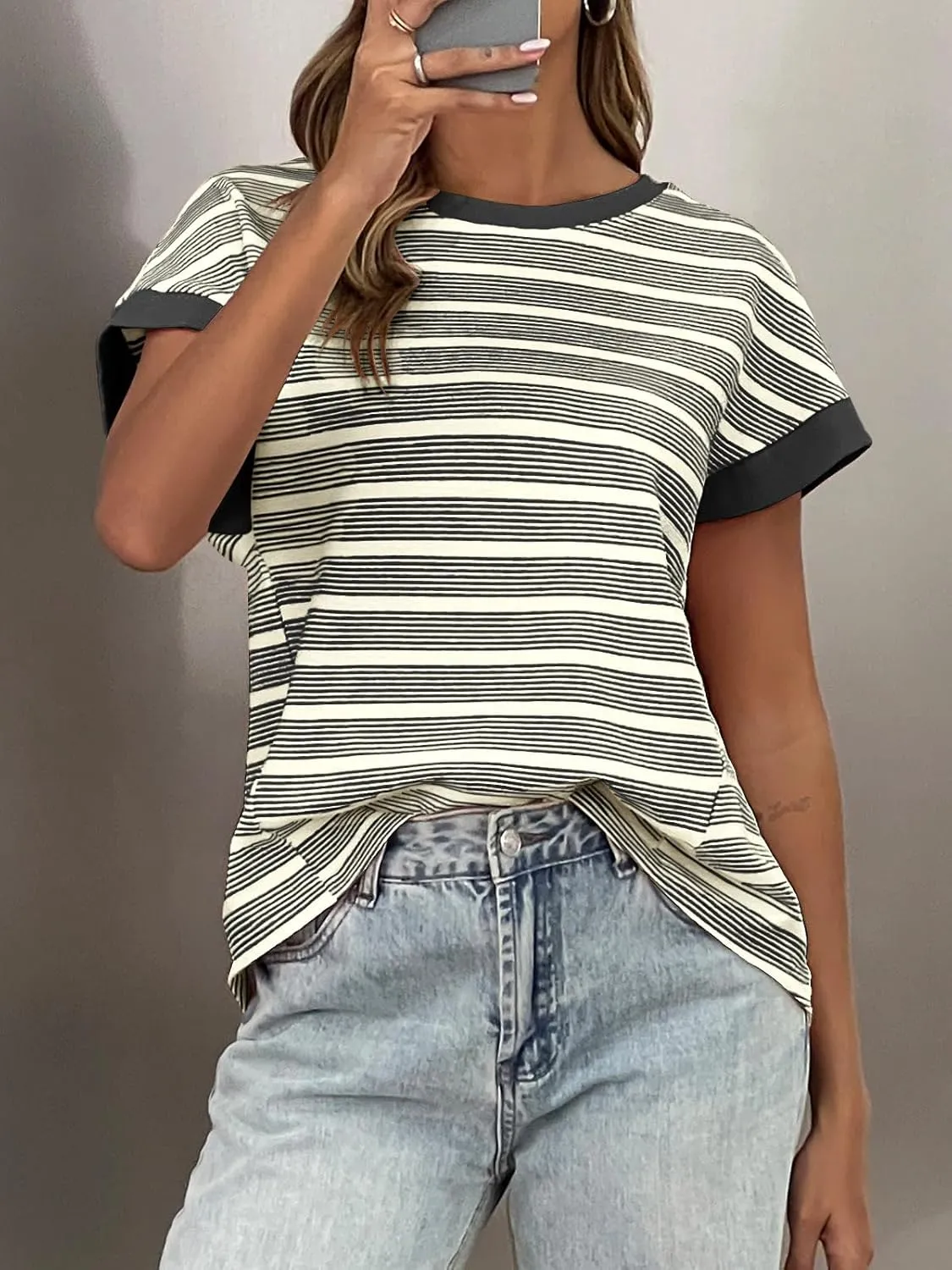 Tankaneo Womens Striped Cap Sleeve T Shirts Summer Casual Oversized Ribbed Knit Tops Crew Neck Loose Fit Blouses