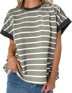 Tankaneo Womens Striped Cap Sleeve T Shirts Summer Casual Oversized Ribbed Knit Tops Crew Neck Loose Fit Blouses