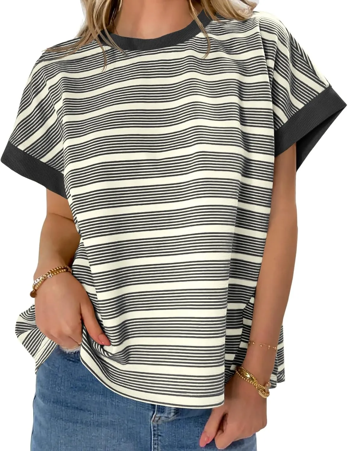 Tankaneo Womens Striped Cap Sleeve T Shirts Summer Casual Oversized Ribbed Knit Tops Crew Neck Loose Fit Blouses