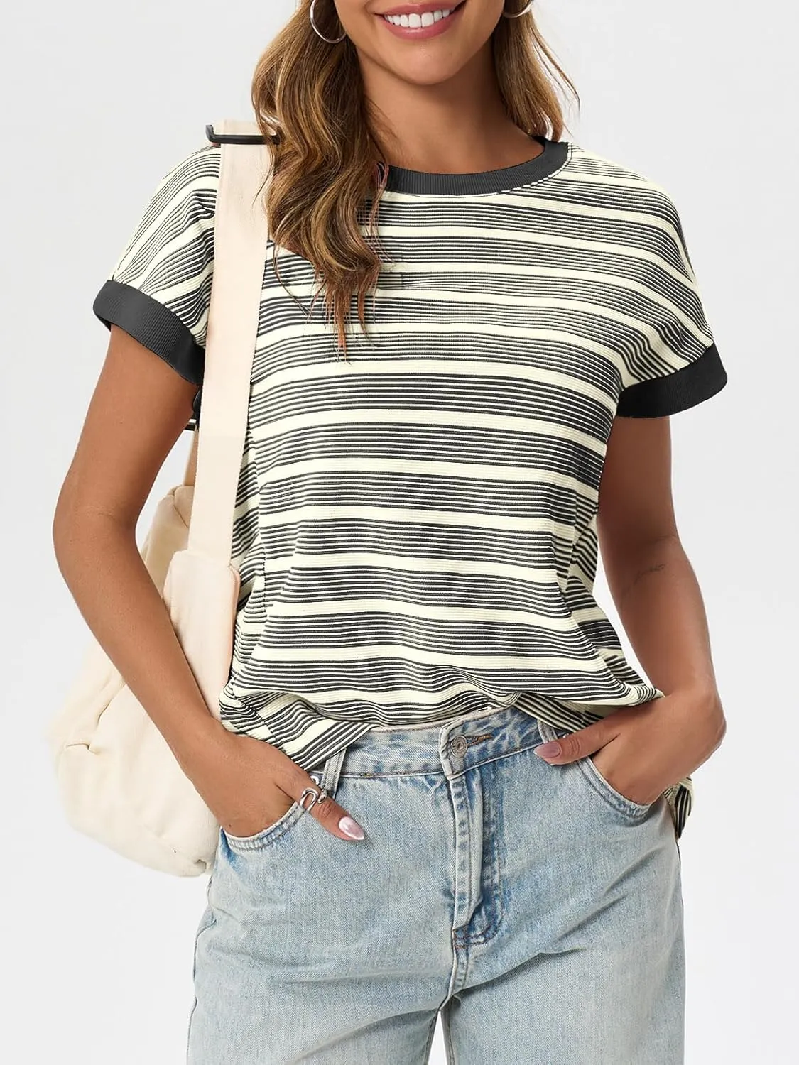 Tankaneo Womens Striped Cap Sleeve T Shirts Summer Casual Oversized Ribbed Knit Tops Crew Neck Loose Fit Blouses