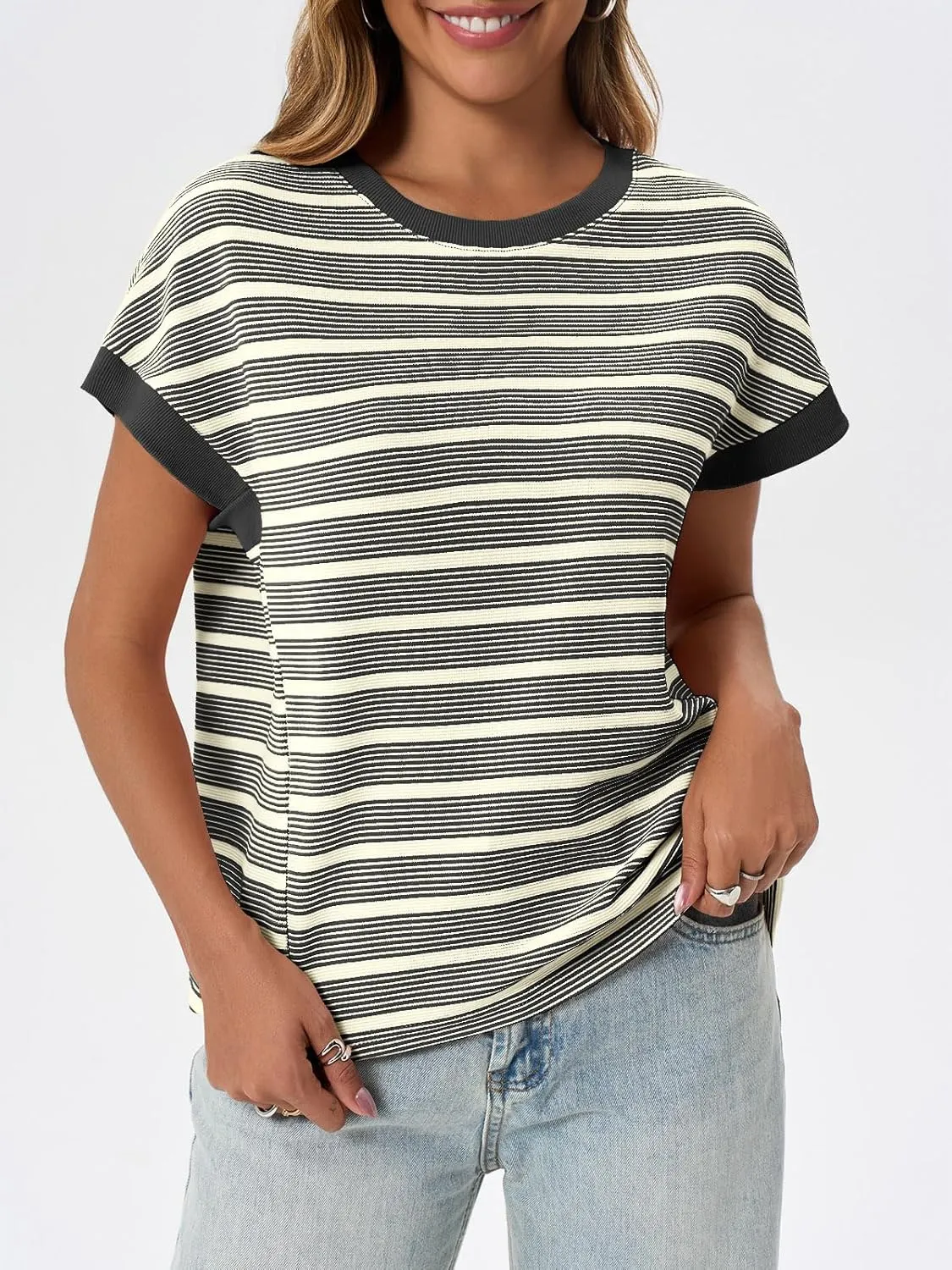 Tankaneo Womens Striped Cap Sleeve T Shirts Summer Casual Oversized Ribbed Knit Tops Crew Neck Loose Fit Blouses
