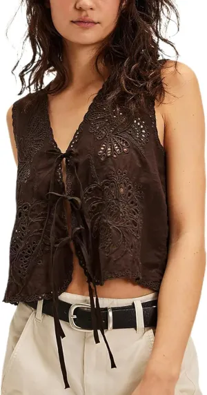 Tie Front Tops for Women Sleeveless V Neck Eyelet Embroidered Tank Y2k Sexy Cute Going Out Crop Vest Shirt
