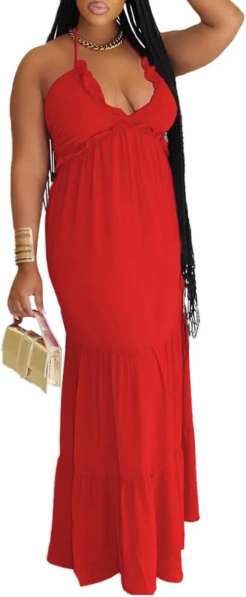 TOPSRANI Womens Sleeveless Maxi Dress Halter Casual Backless Smocked Tiered Ruffle Flowy Sexy Slip Sling Strap Dresses