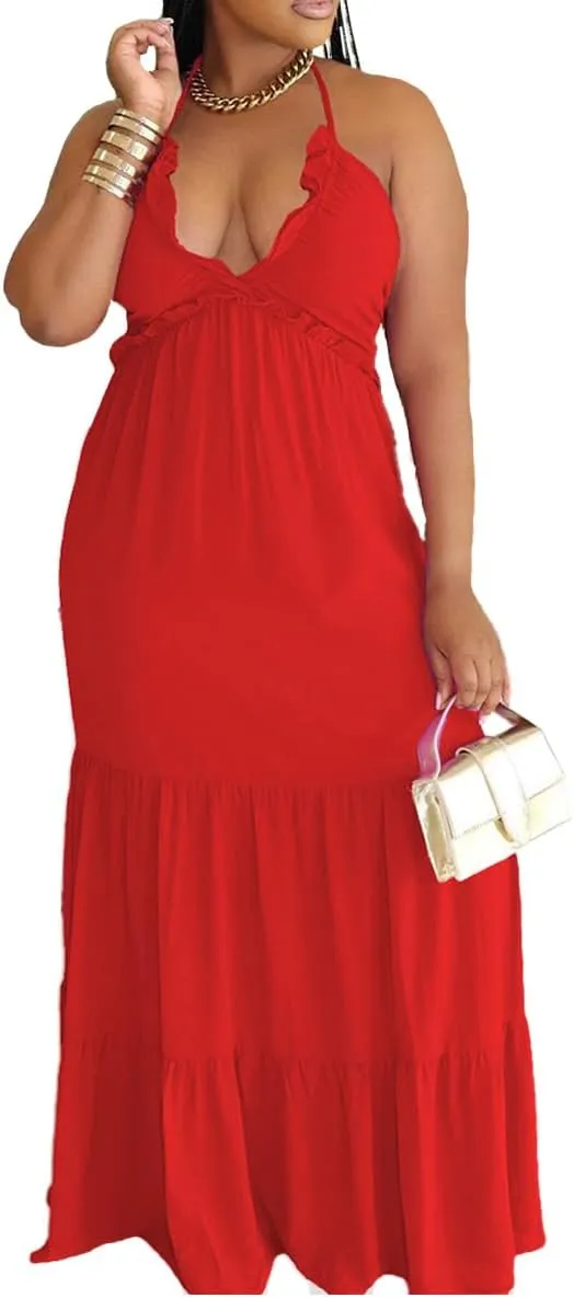 TOPSRANI Womens Sleeveless Maxi Dress Halter Casual Backless Smocked Tiered Ruffle Flowy Sexy Slip Sling Strap Dresses