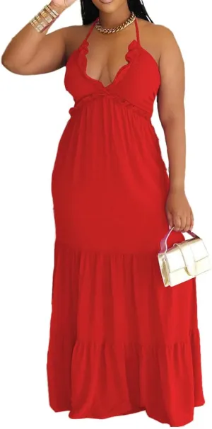 TOPSRANI Womens Sleeveless Maxi Dress Halter Casual Backless Smocked Tiered Ruffle Flowy Sexy Slip Sling Strap Dresses