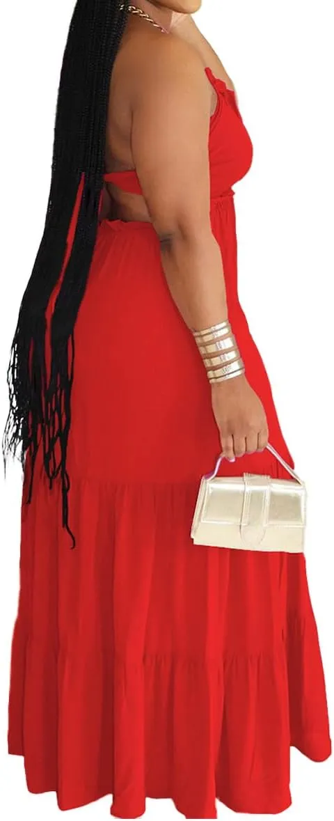TOPSRANI Womens Sleeveless Maxi Dress Halter Casual Backless Smocked Tiered Ruffle Flowy Sexy Slip Sling Strap Dresses