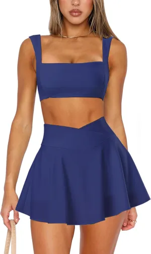 Two Piece Tennis Skirt Sets for Women 2 Piece Mini Skirt Set Going Out Golf Skort Athletic Skirt Pickleball Outfit
