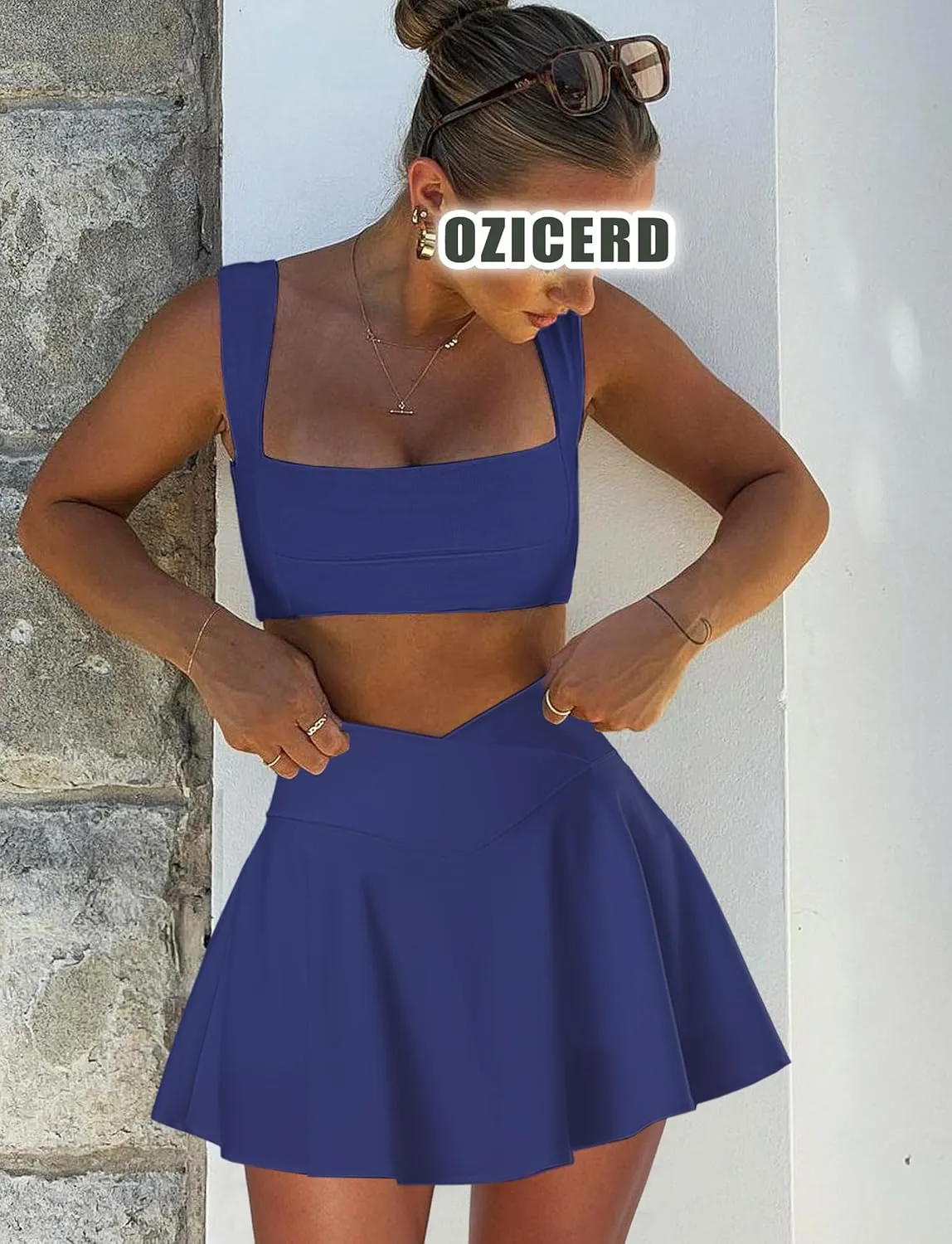 Two Piece Tennis Skirt Sets for Women 2 Piece Mini Skirt Set Going Out Golf Skort Athletic Skirt Pickleball Outfit