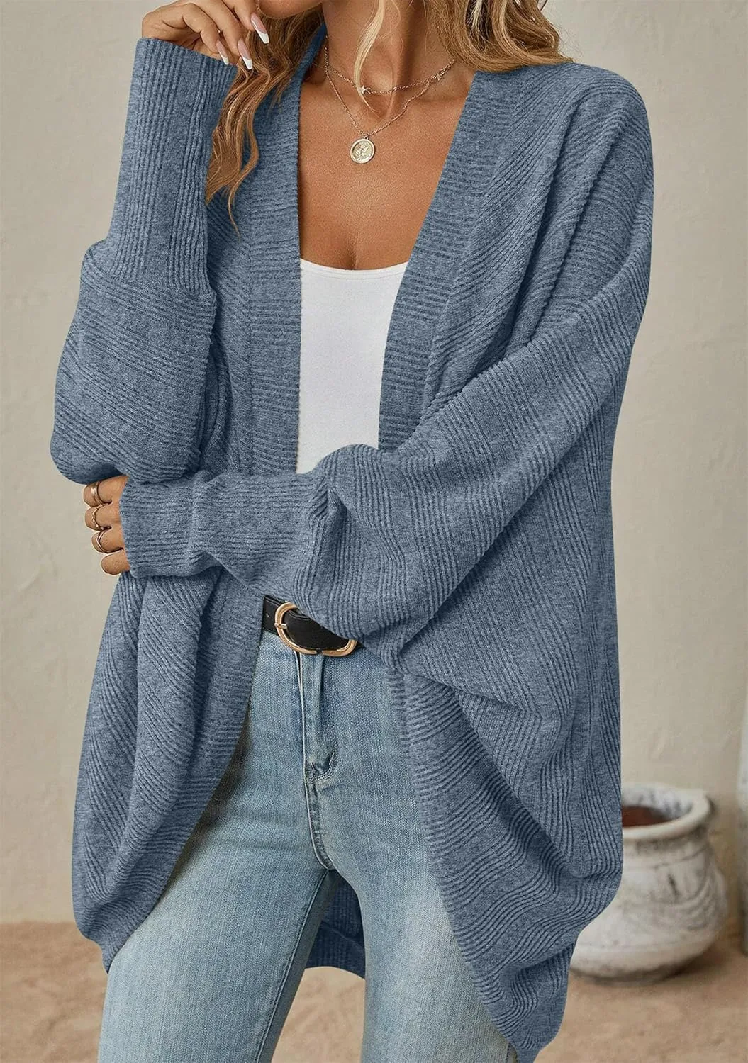 TYQQU Women's Long Sleeve Slouchy Cardigan Cable Knit Open Front Sweater Fashion Casual Outerwear