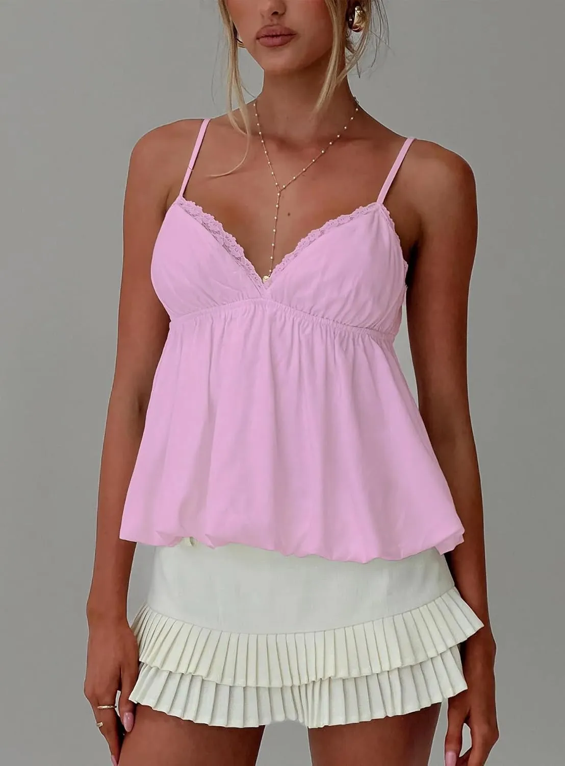 UAURORAO Women Y2K Babydoll Tank Top Spaghetti Strap Peplum Tops V Neck Aesthetic Preppy Going Out Shirts
