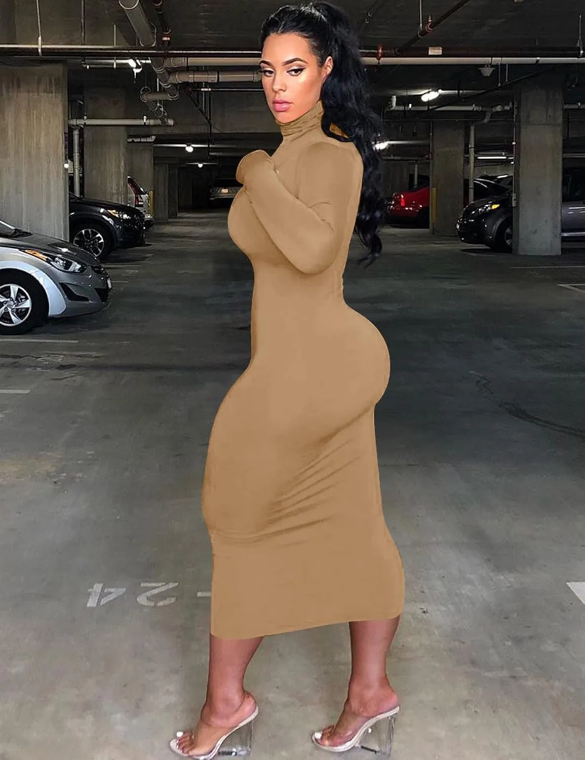 VASAUGE Women's Sexy Bodycon Club Party Long Sleeve Turtleneck Casual Midi Pencil Dress