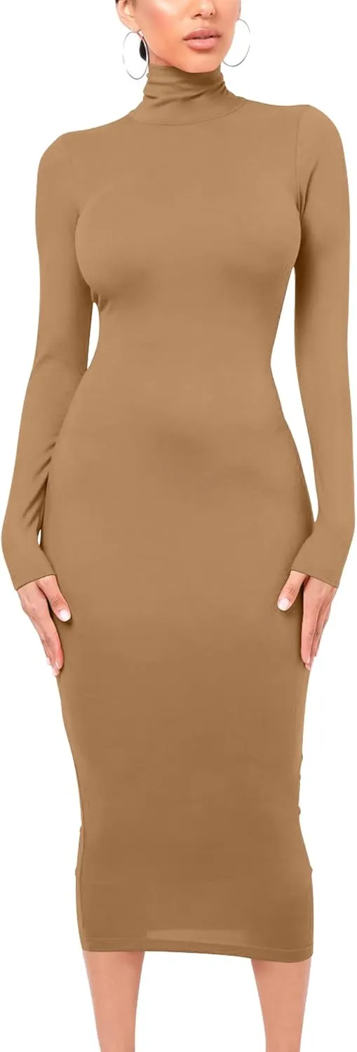 VASAUGE Women's Sexy Bodycon Club Party Long Sleeve Turtleneck Casual Midi Pencil Dress