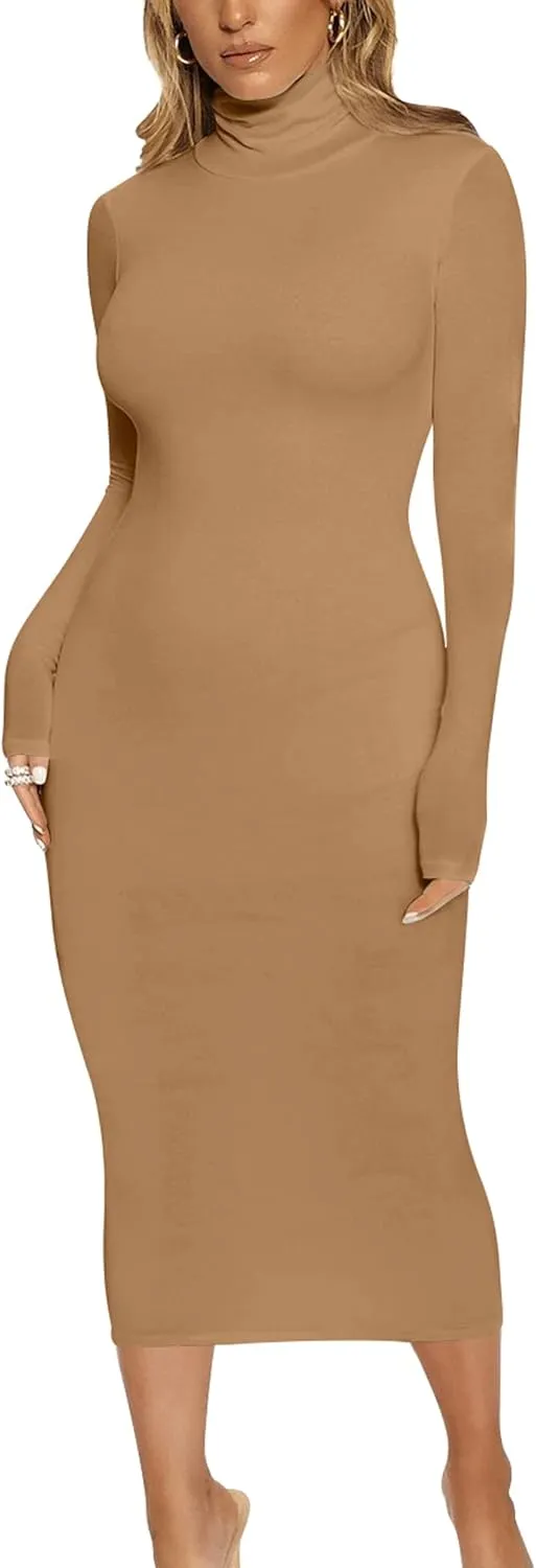 VASAUGE Women's Sexy Bodycon Club Party Long Sleeve Turtleneck Casual Midi Pencil Dress