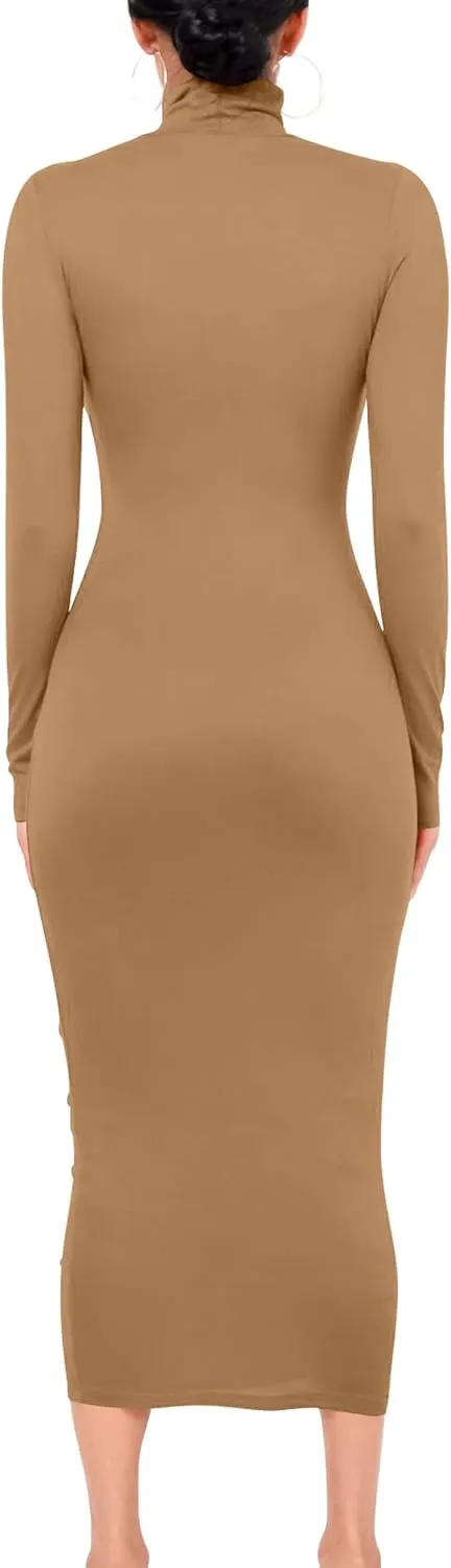 VASAUGE Women's Sexy Bodycon Club Party Long Sleeve Turtleneck Casual Midi Pencil Dress