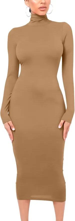 VASAUGE Women's Sexy Bodycon Club Party Long Sleeve Turtleneck Casual Midi Pencil Dress