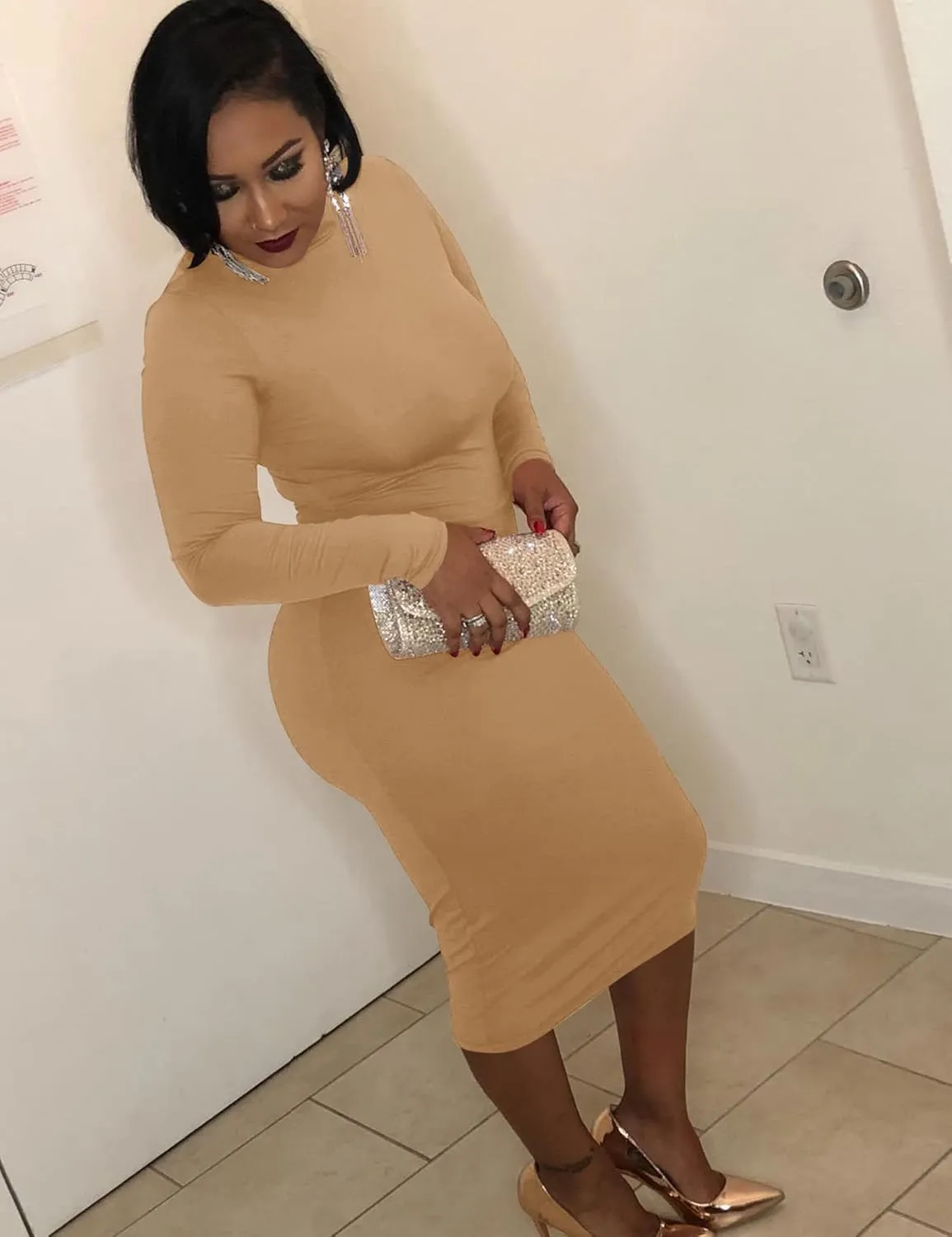 VASAUGE Women's Sexy Bodycon Club Party Long Sleeve Turtleneck Casual Midi Pencil Dress