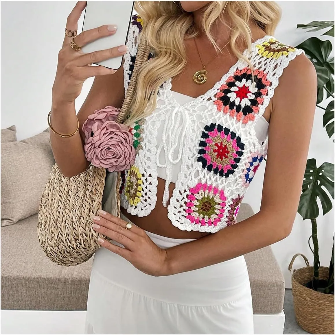 Verdusa Women's Boho Floral Hollow Out Tied Sweater Vests Crochet Cropped Cardigan