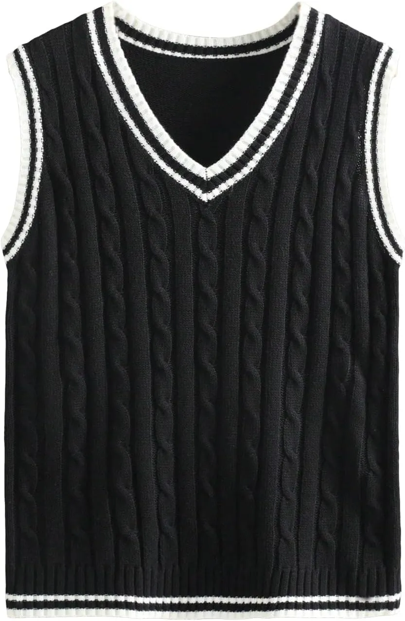 WDIRARA Men's Striped Trim V Neck Sleeveless Sweater Vest Slim Fit Rib Knit Pullovers Tank Tops