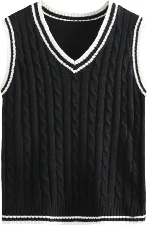 WDIRARA Men's Striped Trim V Neck Sleeveless Sweater Vest Slim Fit Rib Knit Pullovers Tank Tops