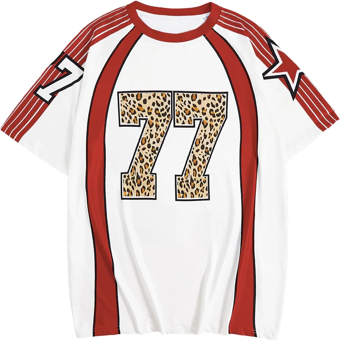 WDIRARA Women's Leopard Number Print Jerseys Oversized Colorblock Drop Shoulder Crew Neck Short Sleeve T-Shirt