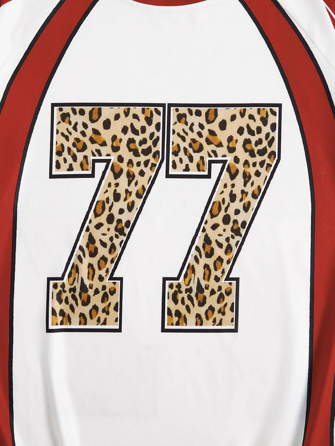 WDIRARA Women's Leopard Number Print Jerseys Oversized Colorblock Drop Shoulder Crew Neck Short Sleeve T-Shirt
