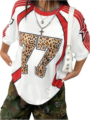 WDIRARA Women's Leopard Number Print Jerseys Oversized Colorblock Drop Shoulder Crew Neck Short Sleeve T-Shirt