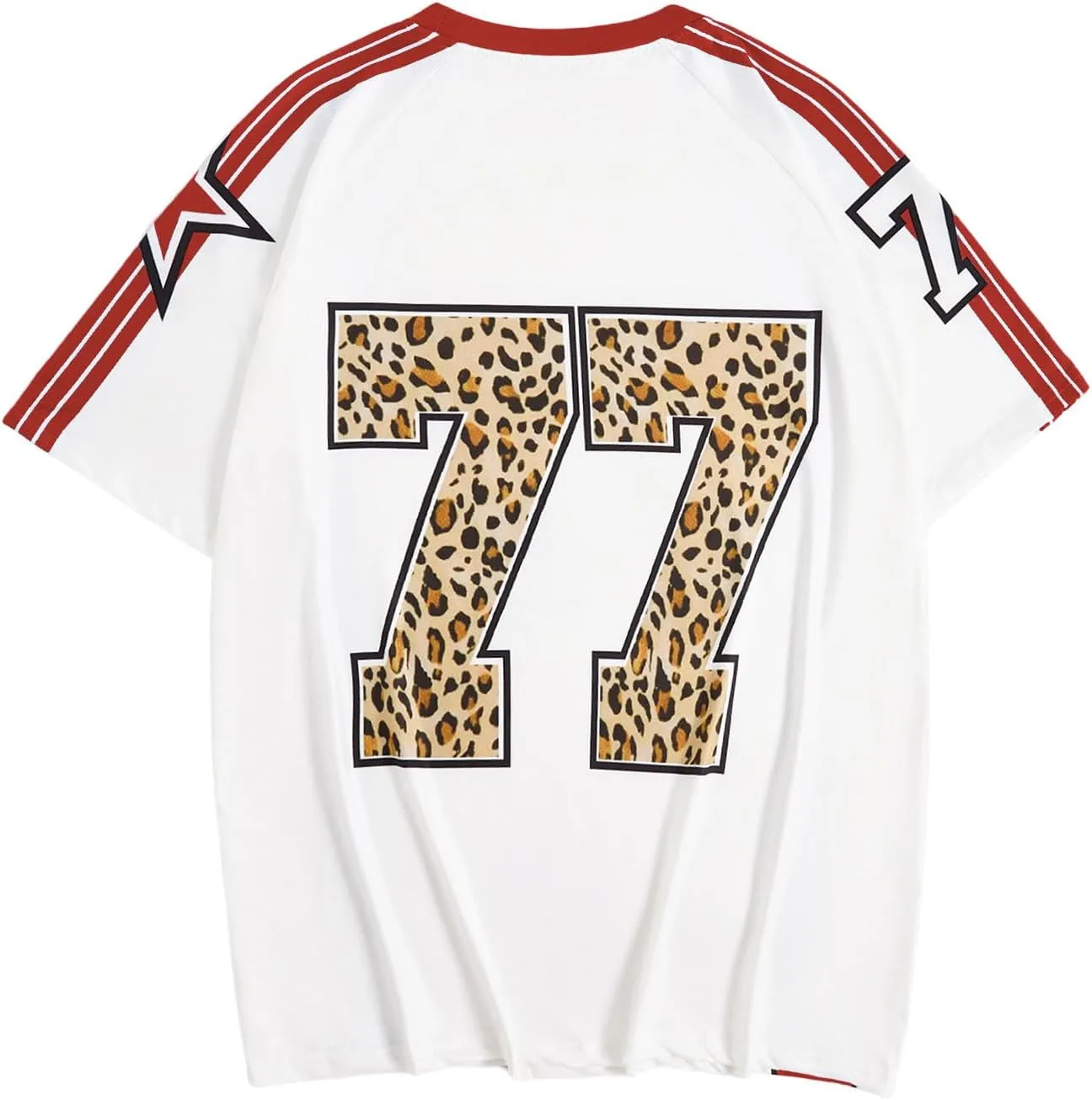 WDIRARA Women's Leopard Number Print Jerseys Oversized Colorblock Drop Shoulder Crew Neck Short Sleeve T-Shirt