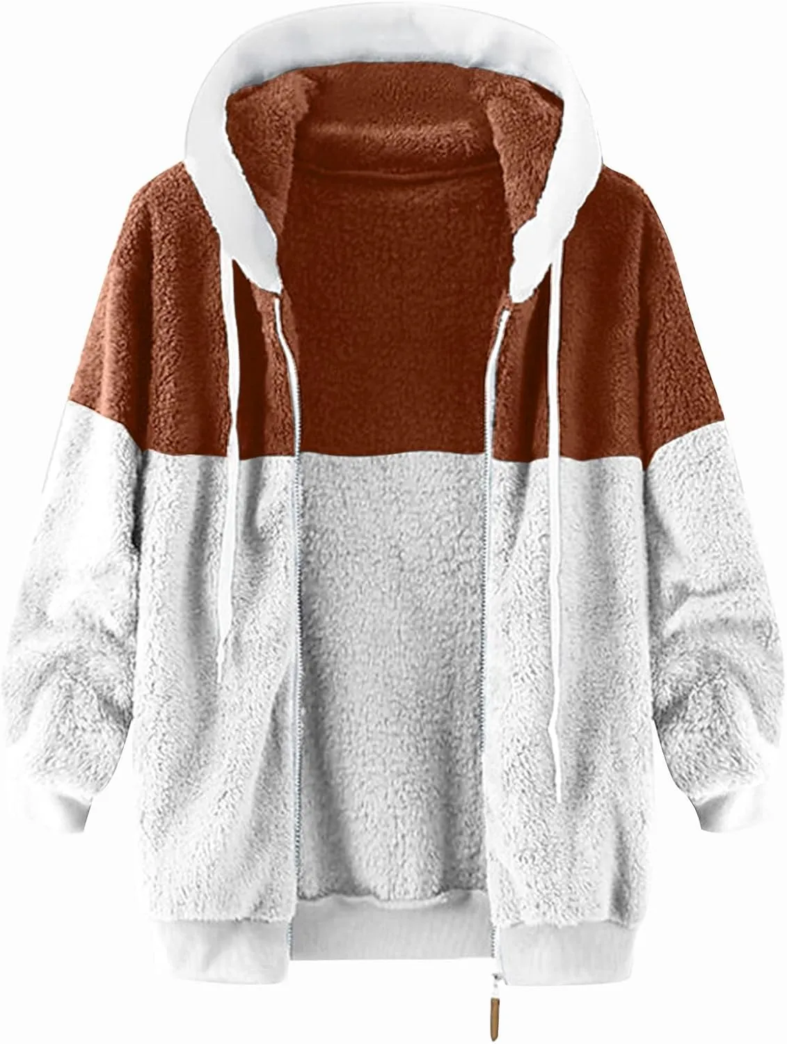 WENKOMG1 Fuzzy Sherpa Oversized Sweatshirt for Men Color Block Zip Up Hoodies Winter Fall Cozy Warm Comfy Fluffy Coat