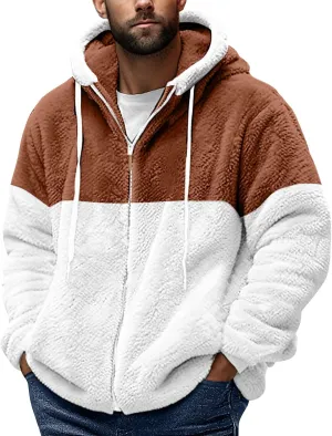 WENKOMG1 Fuzzy Sherpa Oversized Sweatshirt for Men Color Block Zip Up Hoodies Winter Fall Cozy Warm Comfy Fluffy Coat