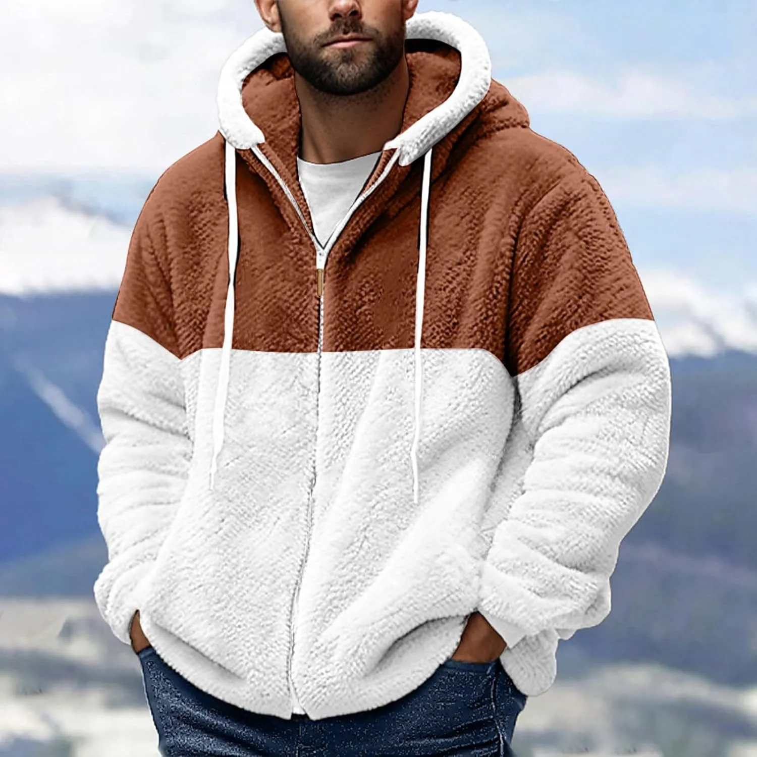 WENKOMG1 Fuzzy Sherpa Oversized Sweatshirt for Men Color Block Zip Up Hoodies Winter Fall Cozy Warm Comfy Fluffy Coat