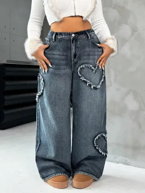 Wide Leg Jeans for Women Trendy Heart Low Waisted Denim Pants Baggy Streetwear Fit Trouser Jeans