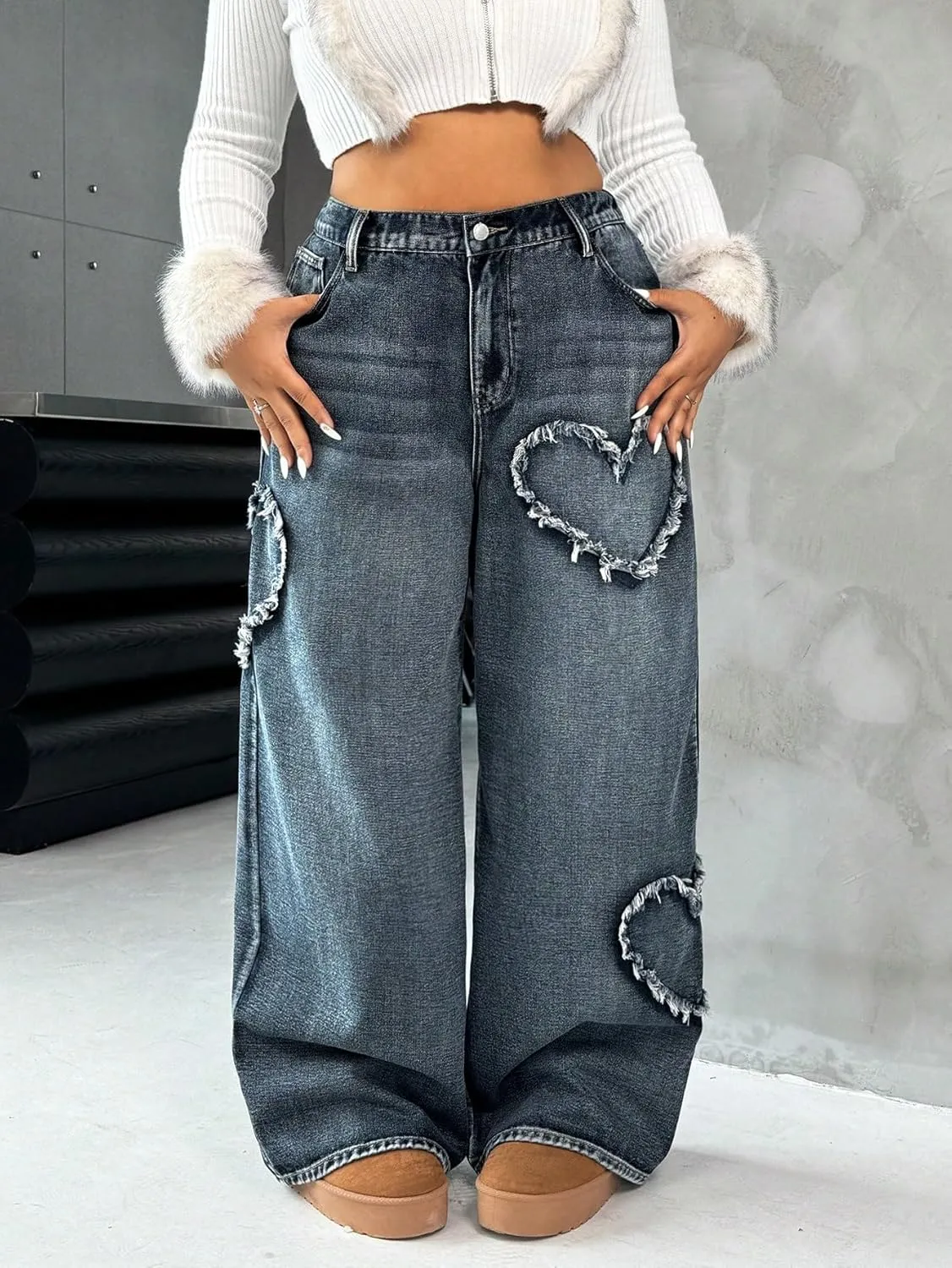 Wide Leg Jeans for Women Trendy Heart Low Waisted Denim Pants Baggy Streetwear Fit Trouser Jeans