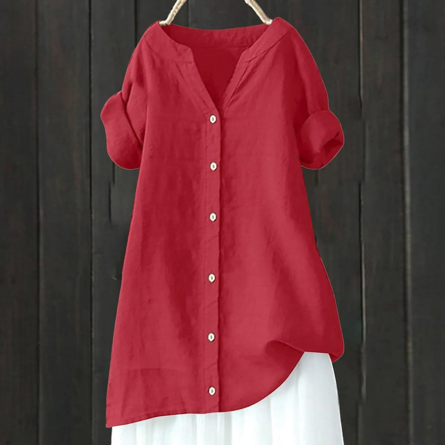 Women Button Up Shirt V Neck Short Sleeve Linen Summer Casual Work Blouse Top Loose Fit Tee Shirt