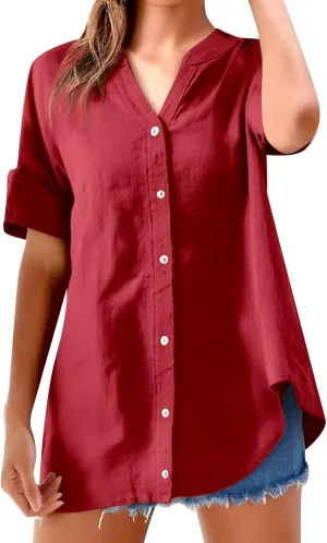 Women Button Up Shirt V Neck Short Sleeve Linen Summer Casual Work Blouse Top Loose Fit Tee Shirt