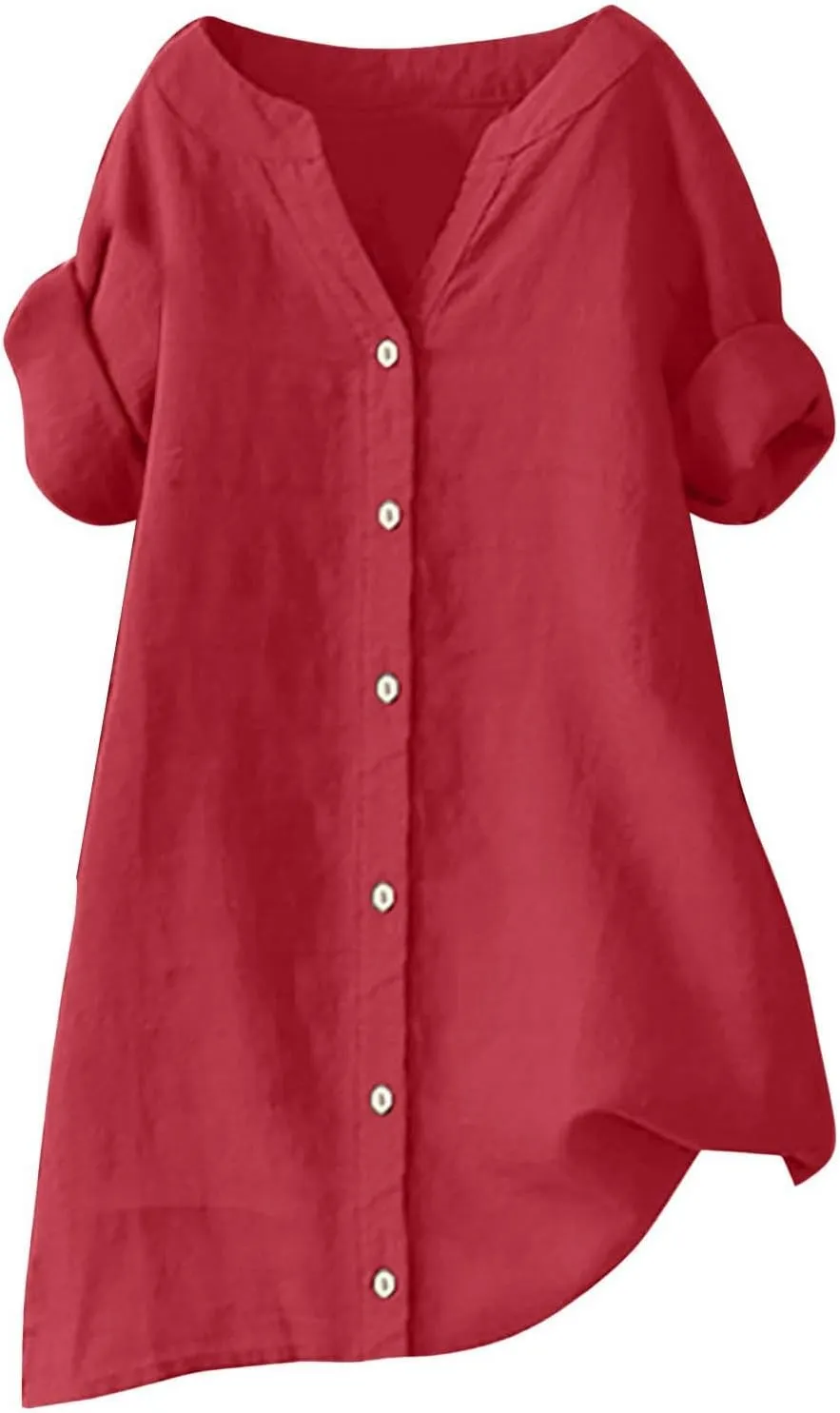Women Button Up Shirt V Neck Short Sleeve Linen Summer Casual Work Blouse Top Loose Fit Tee Shirt
