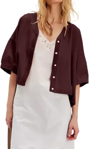 Women Cropped Cardigan T-Shirt Y2k Girls Casual Shirt Short Sleeve Button Down Open Front Loose Tee Crop Tops