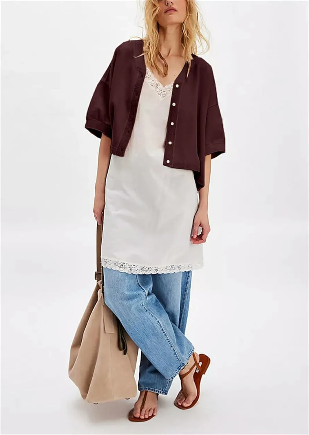 Women Cropped Cardigan T-Shirt Y2k Girls Casual Shirt Short Sleeve Button Down Open Front Loose Tee Crop Tops