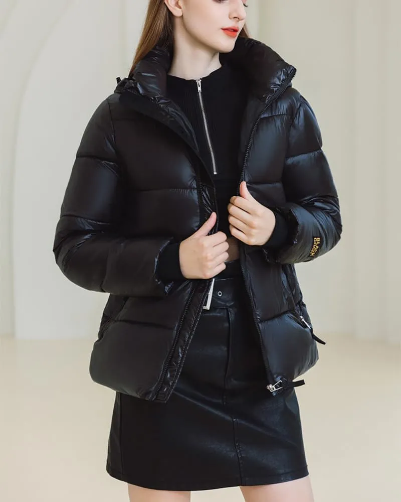 Women Cute Solid Casual Lapel Hooed Zip Down Jacket Pockets Quilted Parka Jacket Puffer Warm Thicken Coat