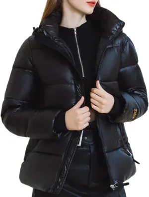Women Cute Solid Casual Lapel Hooed Zip Down Jacket Pockets Quilted Parka Jacket Puffer Warm Thicken Coat