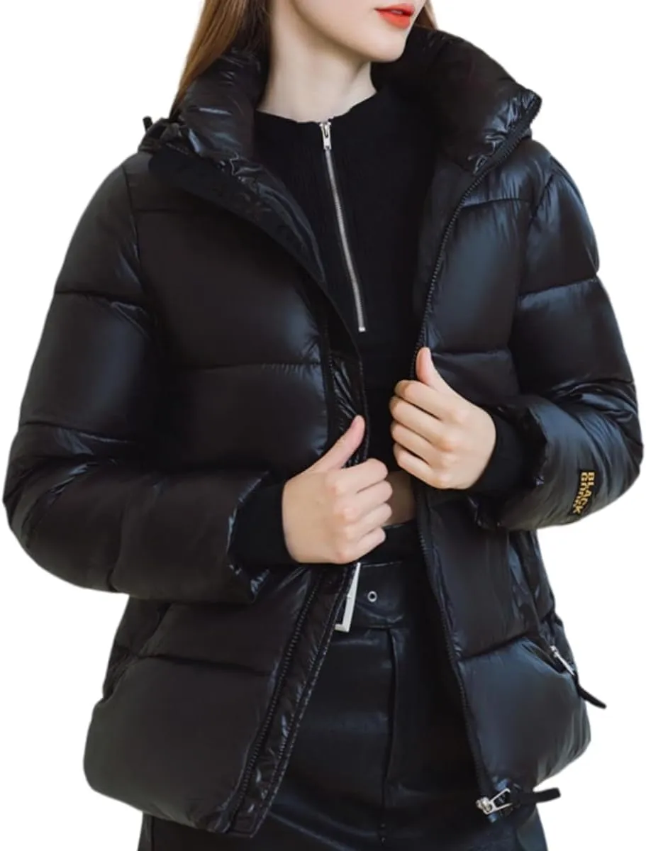 Women Cute Solid Casual Lapel Hooed Zip Down Jacket Pockets Quilted Parka Jacket Puffer Warm Thicken Coat