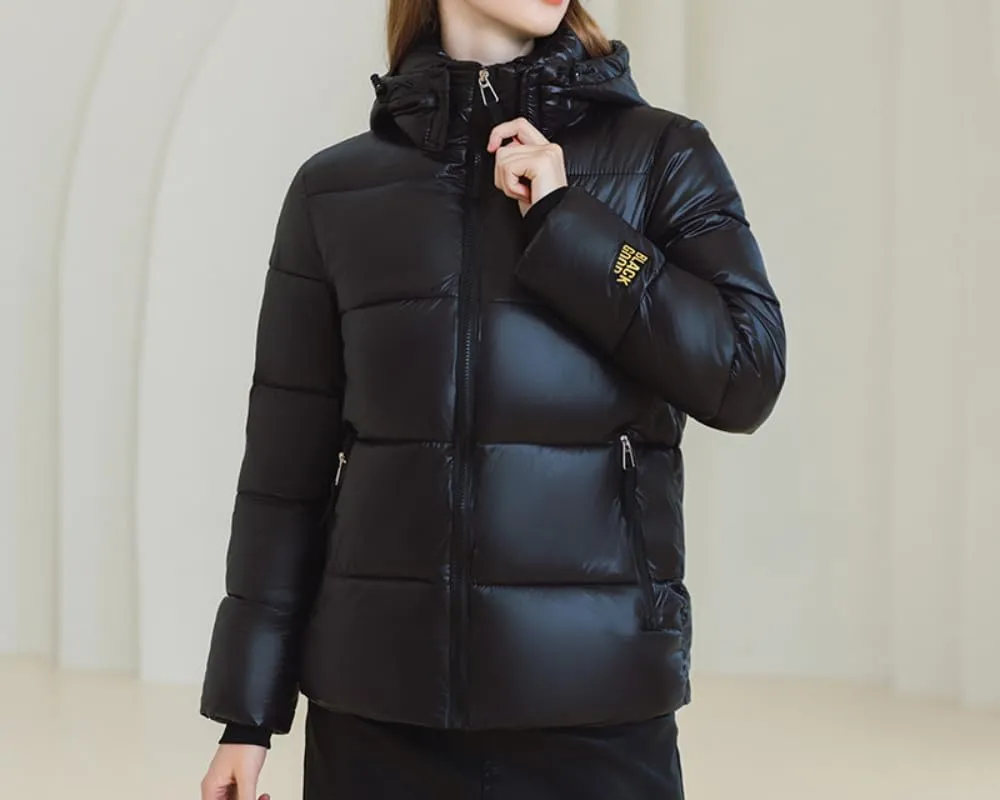 Women Cute Solid Casual Lapel Hooed Zip Down Jacket Pockets Quilted Parka Jacket Puffer Warm Thicken Coat