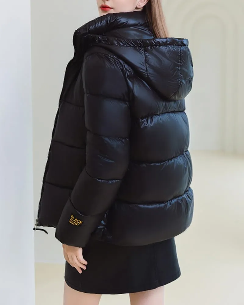Women Cute Solid Casual Lapel Hooed Zip Down Jacket Pockets Quilted Parka Jacket Puffer Warm Thicken Coat