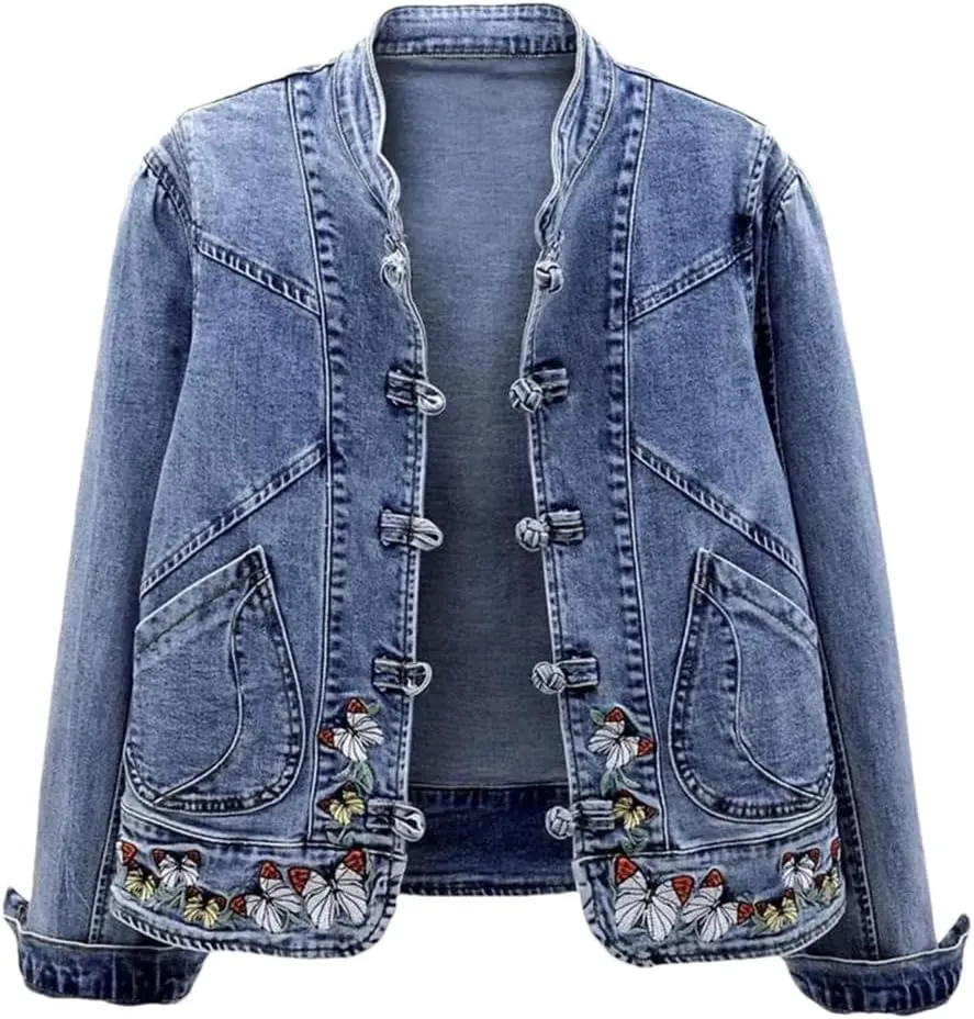 Women Denim Jacket Elegant Chinese Style Denim Coat With Embroidery Slim Fit Long Sleeve Jacket With Turn-Down