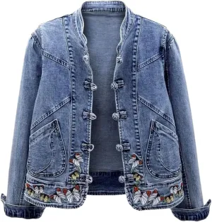 Women Denim Jacket Elegant Chinese Style Denim Coat With Embroidery Slim Fit Long Sleeve Jacket With Turn-Down